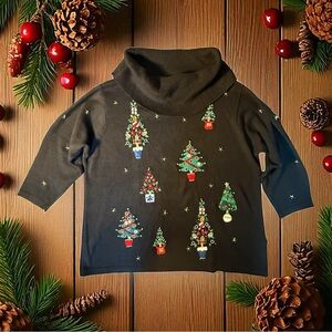 Vtg Christmas Sweater women's 2X Turtle Neck Embroidered Festive Trees Stars